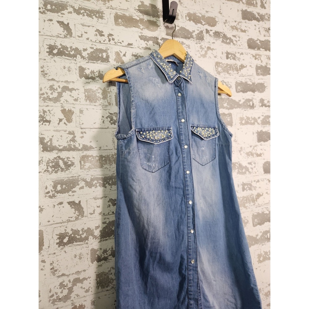Denim Rhinestone Shirt Size Small Blue‎ Embellished Distressed Country Cowgirl - Picture 3 of 16